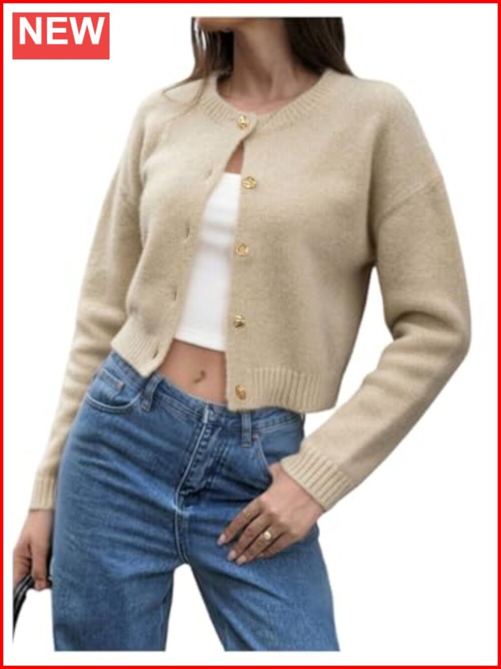 Women's Cropped Button Down Crew Neck Long Sleeve Knit Cardigan Sweater